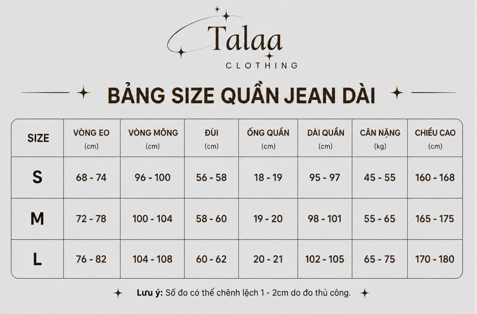 bảng size quần dài